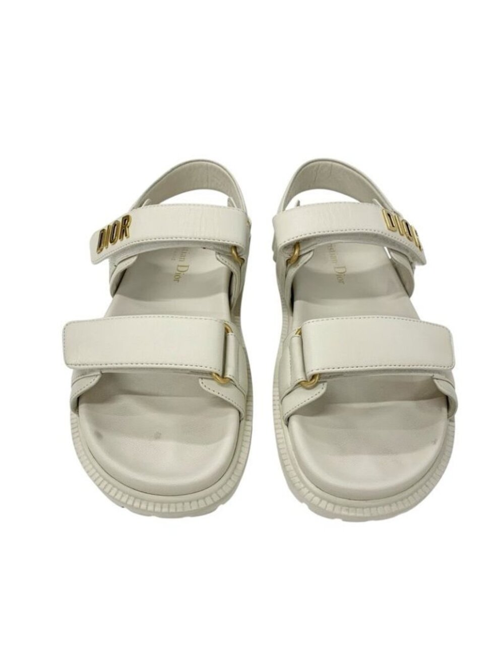 Christian Dioract Sandals Shoes Lambskin Ivory Gold Logo Velcro Strap - Picture 3 of 10